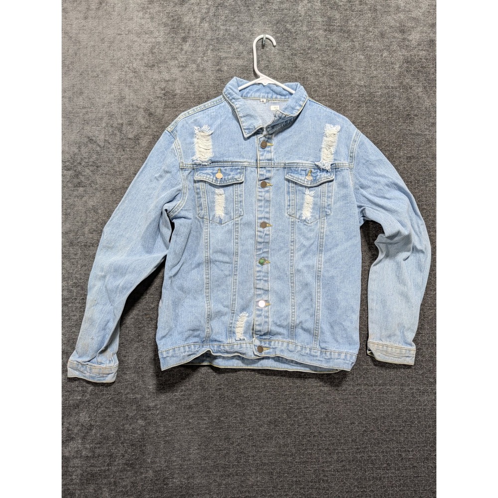 Mens Distressed Light Wash Denim Trucker Jacket Light Blue Ripped Size M 1481